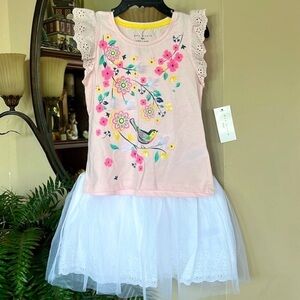 Brand New Max Studio Kids Pink Floral Ruffle Top w/ White Eyelet Mesh Skirt Set
